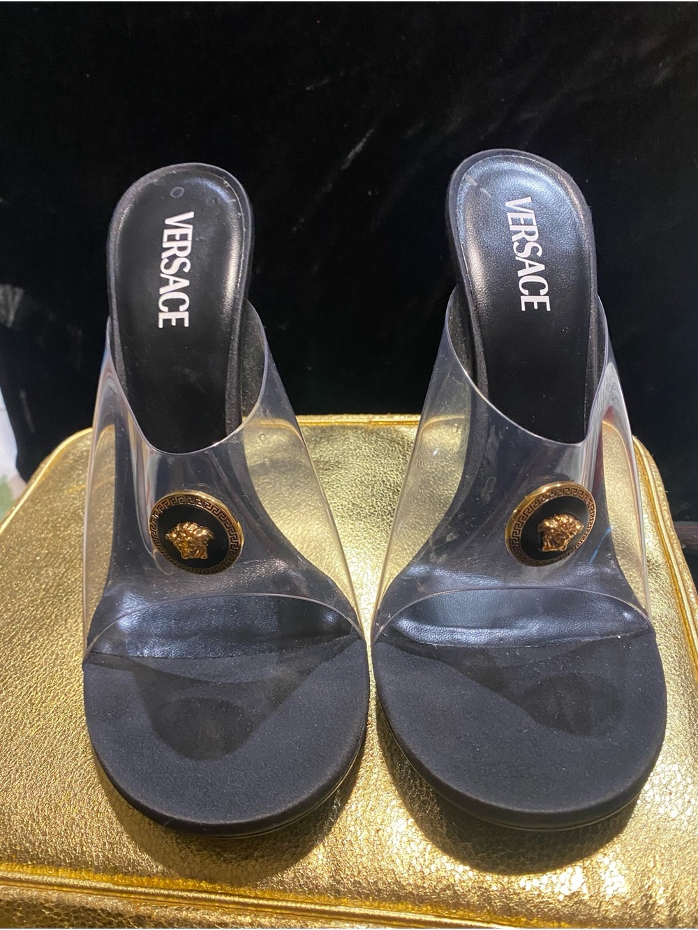 Versace Black Footbed Clear Band Medusa Slide Mules